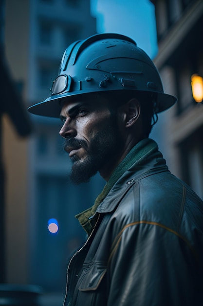 Uomo al lavoro con casco IA generativa