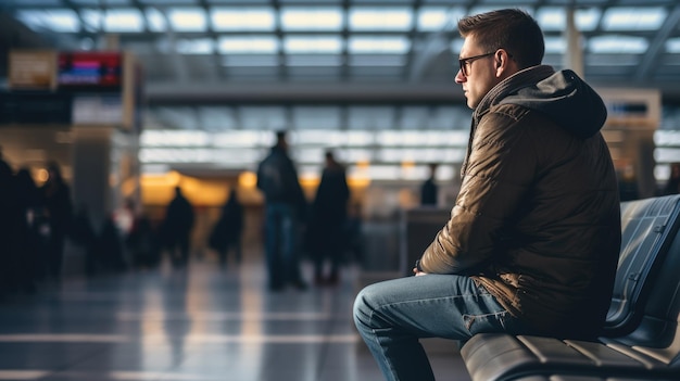 Uomo all'aeroporto che guarda l'orario del volo