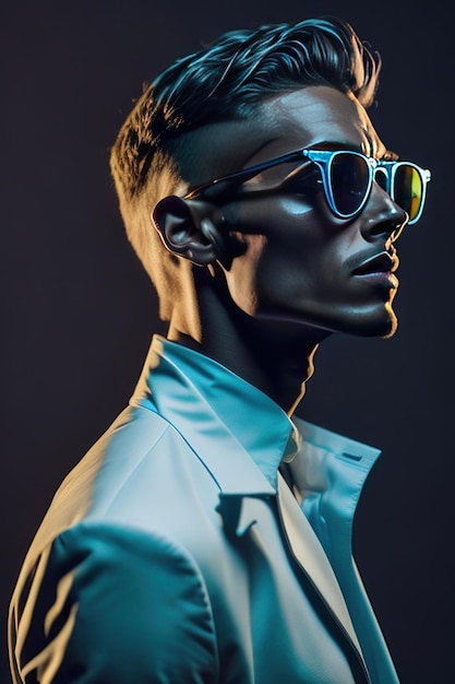 Uomo alla moda con occhiali da sole e vestiti con dettagli bianchi IA generativa