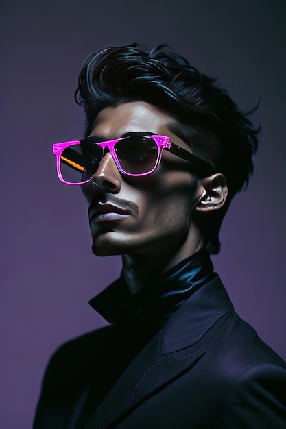 Uomo alla moda con occhiali da sole e vestiti con dettagli neri IA generativa