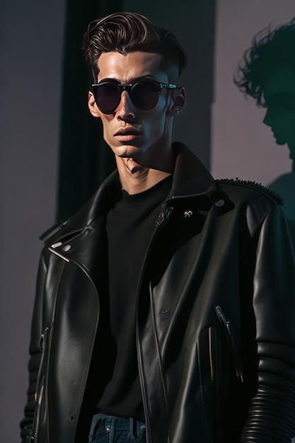 Uomo alla moda con occhiali da sole e vestiti con dettagli neri IA generativa