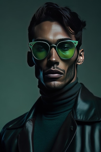 Uomo alla moda con occhiali da sole e vestiti con dettagli verdi IA generativa