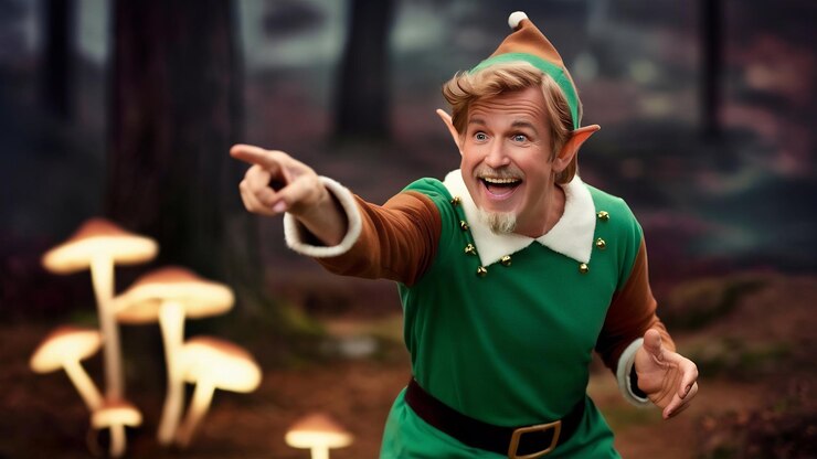 Foto uomo allegro in costume da elfo che indica qualcosa con il dito