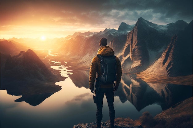 Uomo alpinista che guarda montagna e vista lago al tramonto