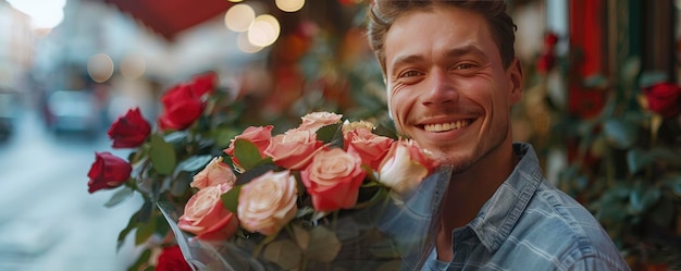 Uomo americano che fissa la telecamera sorridendo e tenendo in mano un mazzo di rose