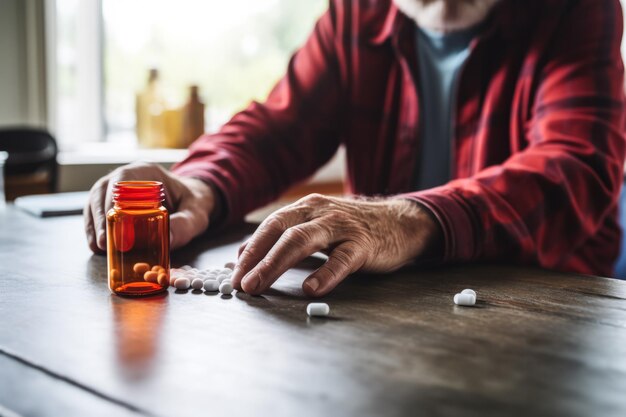 Uomo americano in camicia rossa che versa pillole dalla bottiglia di pillola di prescrizione