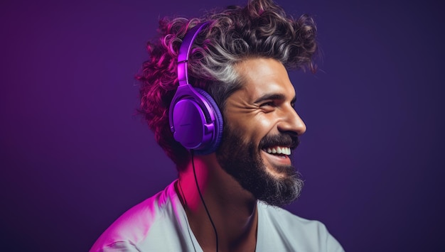 Uomo americano moderno e cool che ascolta musica in cuffia con un atteggiamento sorridente e felice