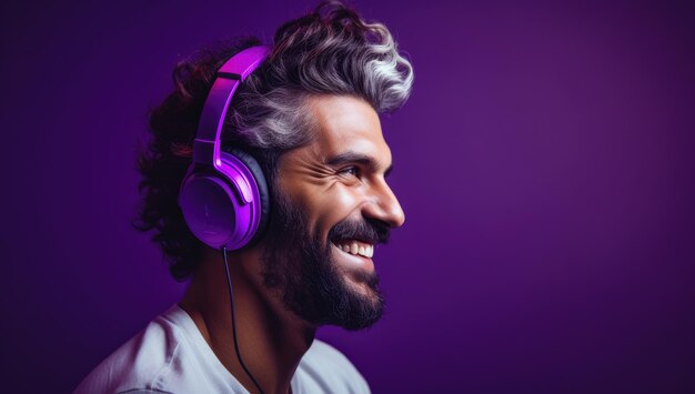 Uomo americano moderno e cool che ascolta musica in cuffia con un atteggiamento sorridente e felice