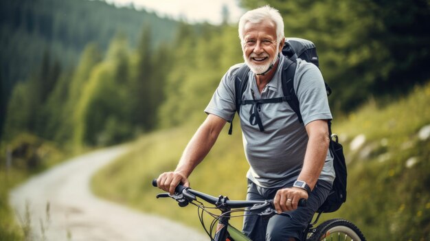 Uomo anziano attivo che pedala all'aperto su una strada nella natura Attività ciclistica di viaggio durante il pensionamento attivo