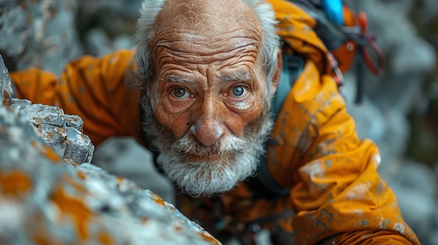 Uomo anziano che arrampica una montagna con uno zaino AI generativa