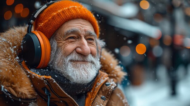 Uomo anziano che ascolta musica con le cuffie in città in inverno