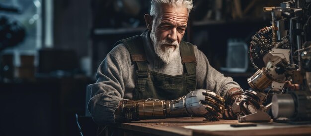 Uomo anziano che assembla protesi del braccio e cablaggio nello spazio della copia dell'officina