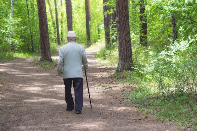 uomo anziano che cammina nella foresta