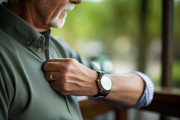 Uomo anziano che controlla l'ora sul suo orologio da polso l'orologio ha la faccia in metallo argento