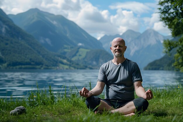 Uomo anziano che fa yoga sulla riva di un lago di montagna in estate