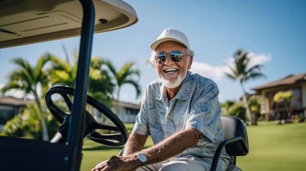 Uomo anziano che gioca a golf cielo blu erba verde espressione rilassata