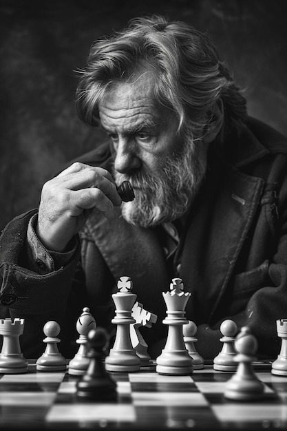Uomo anziano che gioca a scacchi foto in bianco e nero