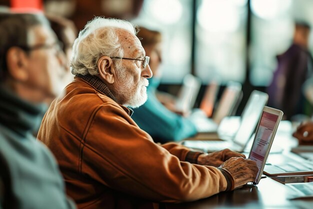 Uomo anziano che impara e partecipa a lezioni o corsi online