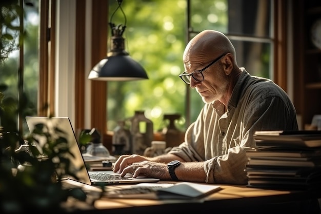 Uomo anziano che lavora su un computer portatile in un ambiente naturale IA generativa