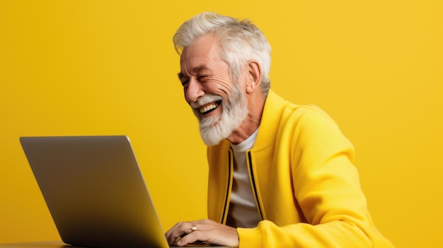 Uomo anziano che lavora su un portatile su uno sfondo giallo