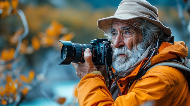 Uomo anziano che scatta una foto con una telecamera AI generativa