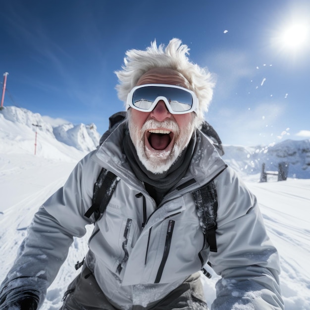 Uomo anziano che scia su pali di montagna innevati occhiali di protezione espressione gioiosa