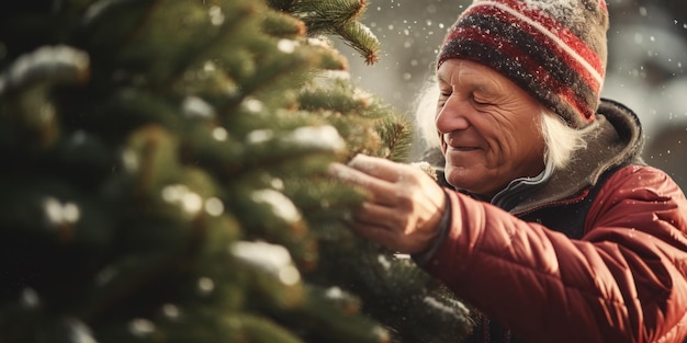 Uomo anziano che seleziona un albero di Natale perfetto che si prepara per la stagione festiva