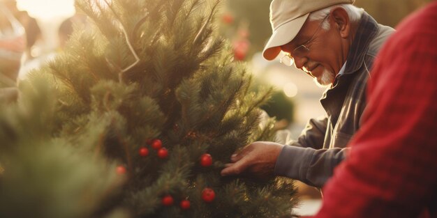 Uomo anziano che seleziona un albero di Natale perfetto che si prepara per la stagione festiva