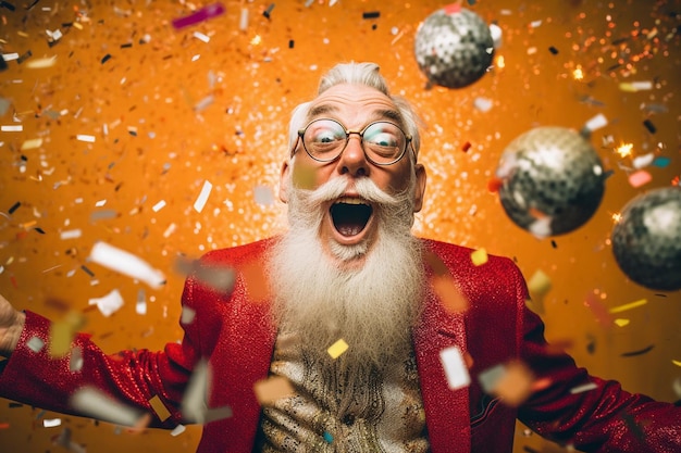 Uomo anziano che si diverte a festeggiare durante le vacanze con i confetti