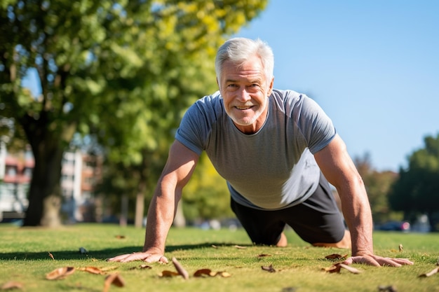 Uomo anziano che si gode il suo allenamento nel parco