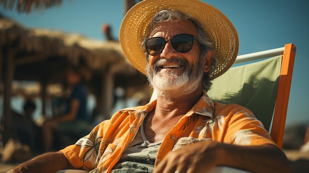 Uomo anziano che si rilassa sulla spiaggia con una giacca gialla e un cappello di pagliagenerativo ai