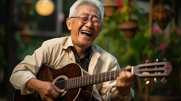 Uomo anziano che suona la chitarra a casa