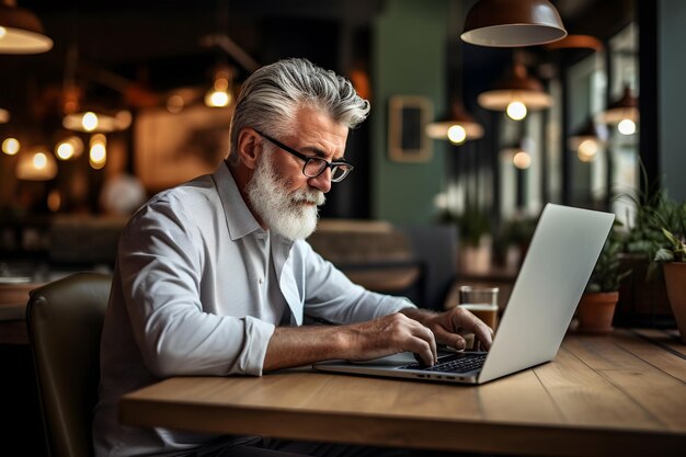 Uomo anziano che usa laptop in un caffè Uomo anziano che usa laptop in un caffè ia generato