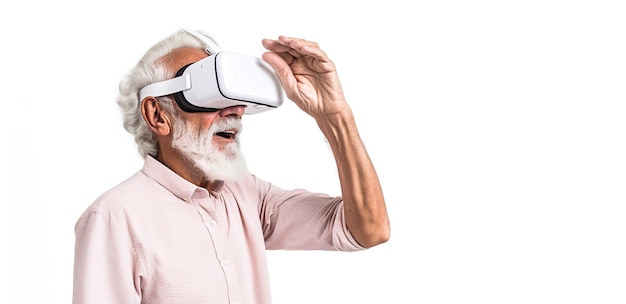 uomo anziano che utilizza l'auricolare per realtà virtuale