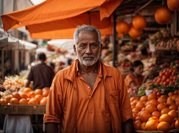 Uomo anziano che vende frutta fresca al mercato all'aperto mostrando la cultura indigena