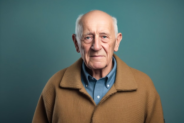 Uomo anziano con camicia blu e maglione marrone AI generativa
