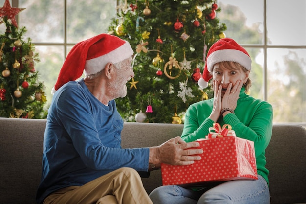 Uomo anziano con cappello da Babbo Natale che sorride e fa un grande regalo alla moglie stupita mentre è seduto sul divano e festeggia il Natale insieme