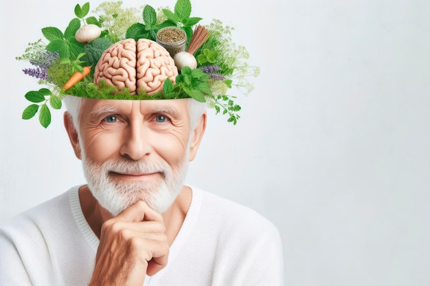 uomo anziano con erbe e cervello sulla testa con pensieri sani su uno sfondo bianco