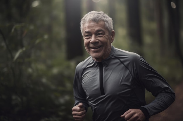 Uomo anziano con i capelli grigi che si tiene in forma facendo jogging in un parco Generativo ai
