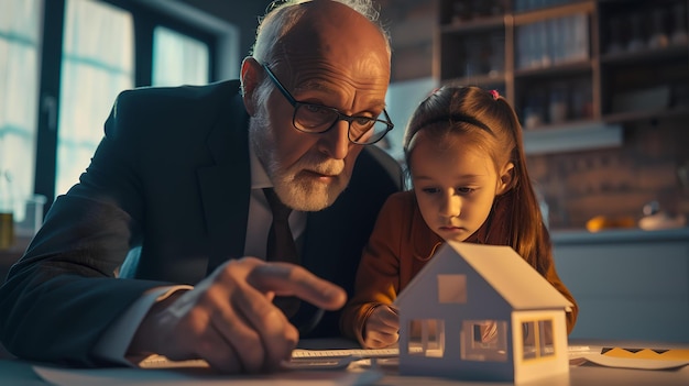 Uomo anziano con un bambino impegnato in attività creativa costruire insieme una casa modello legame intergenerazionale hobby educativo AI