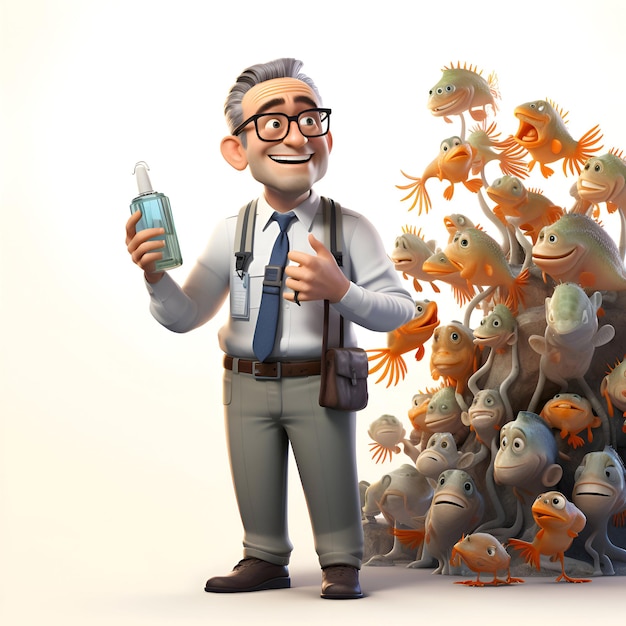Uomo anziano con una bottiglia di profumo e un sacco di mostri