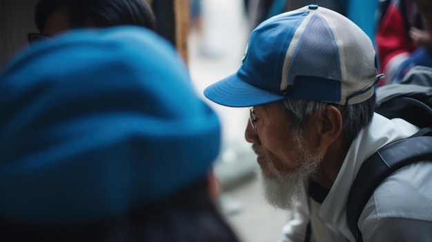 Uomo anziano con uno zaino e un cappello blu