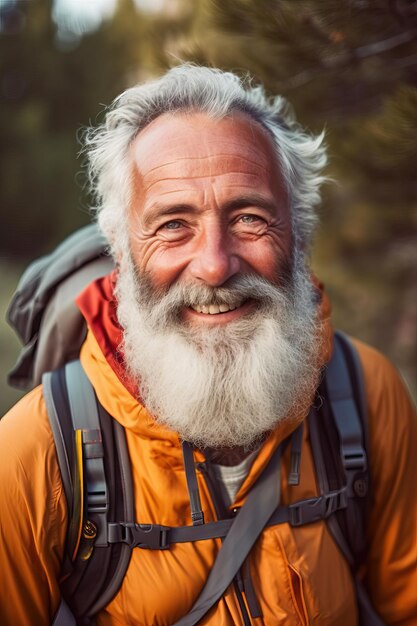 uomo anziano con zaino e bastoncini da trekking sulla strada nei boschi della foresta di montagna