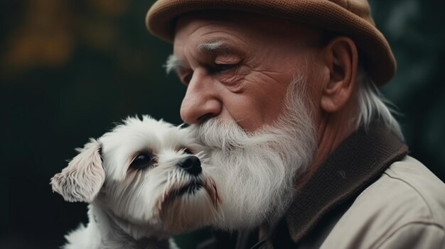 Uomo anziano di vista laterale che tiene cane carino da vicino