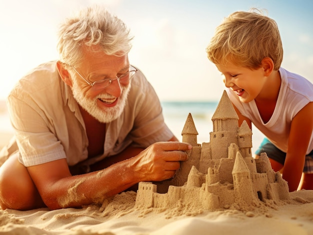 Uomo anziano e bambino che costruiscono un castello di sabbia su una spiaggia in una giornata estiva AI generativa