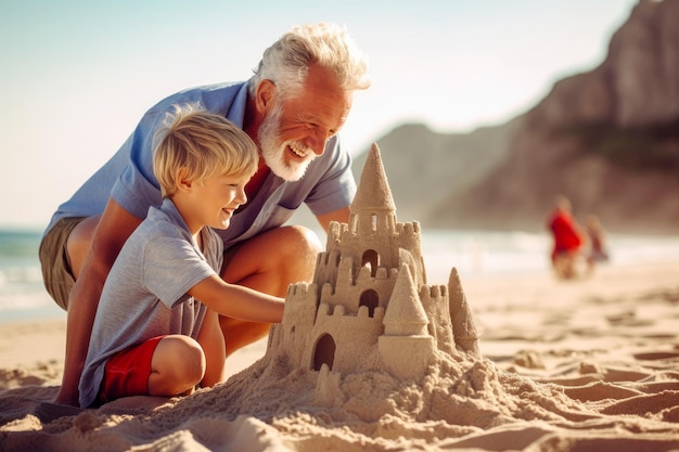Uomo anziano e bambino che costruiscono un castello di sabbia su una spiaggia in una giornata estiva AI generativa