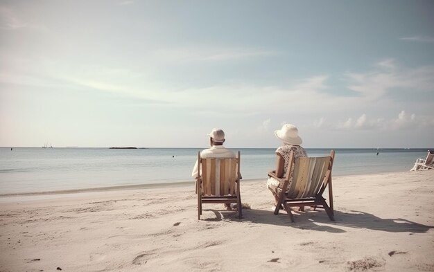 Uomo anziano e donna anziana in vacanza vista posteriore seduti sopra AI Generativa AI