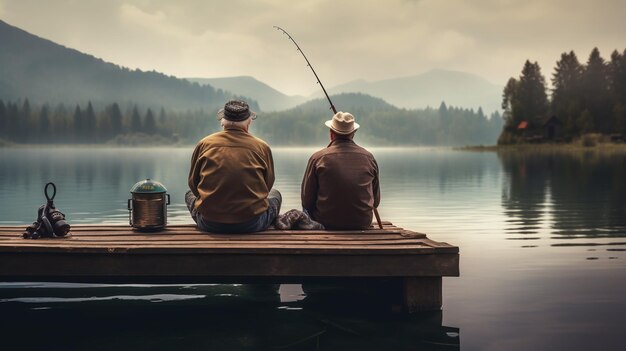 uomo anziano e suo figlio seduti sul molo con le canne da pesca al tramonto a pescare e godersi la sera