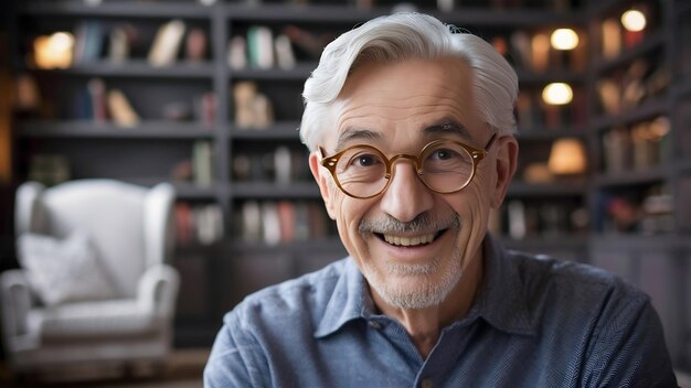 Uomo anziano felice che indossa gli occhiali e sorride alla telecamera