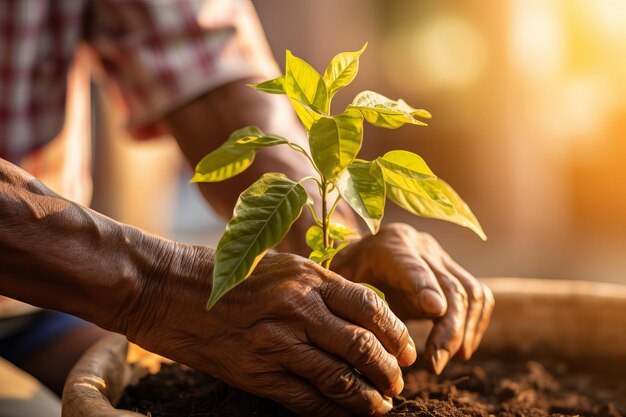 Uomo anziano impegnato nell'atto di piantare un giovane albero in una bella giornata di sole